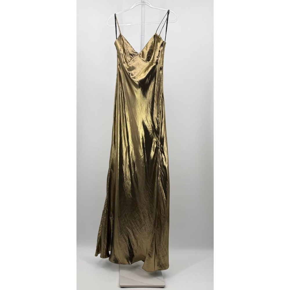 Gold Metallic Strappy Maxi Dress Side Split Evening Gown Size US 6 - Picture 7 of 12